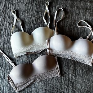 Elegant Lace Trimmed Bralette Set of 3 - Ivory, Cream, Latte (New w/o Tags)